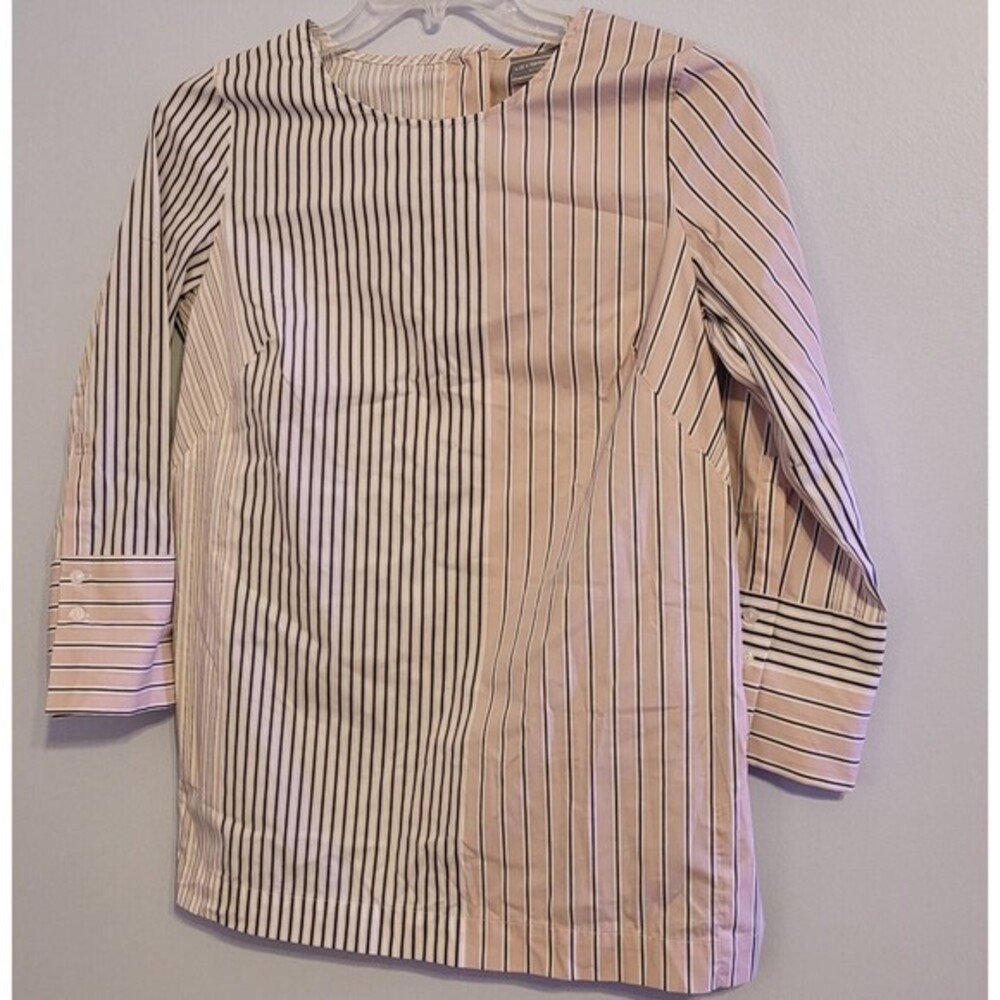 Liz Claiborne Small Top Striped Crew Blouse Shirt 3/4 Sleeve Grey White Peach‎